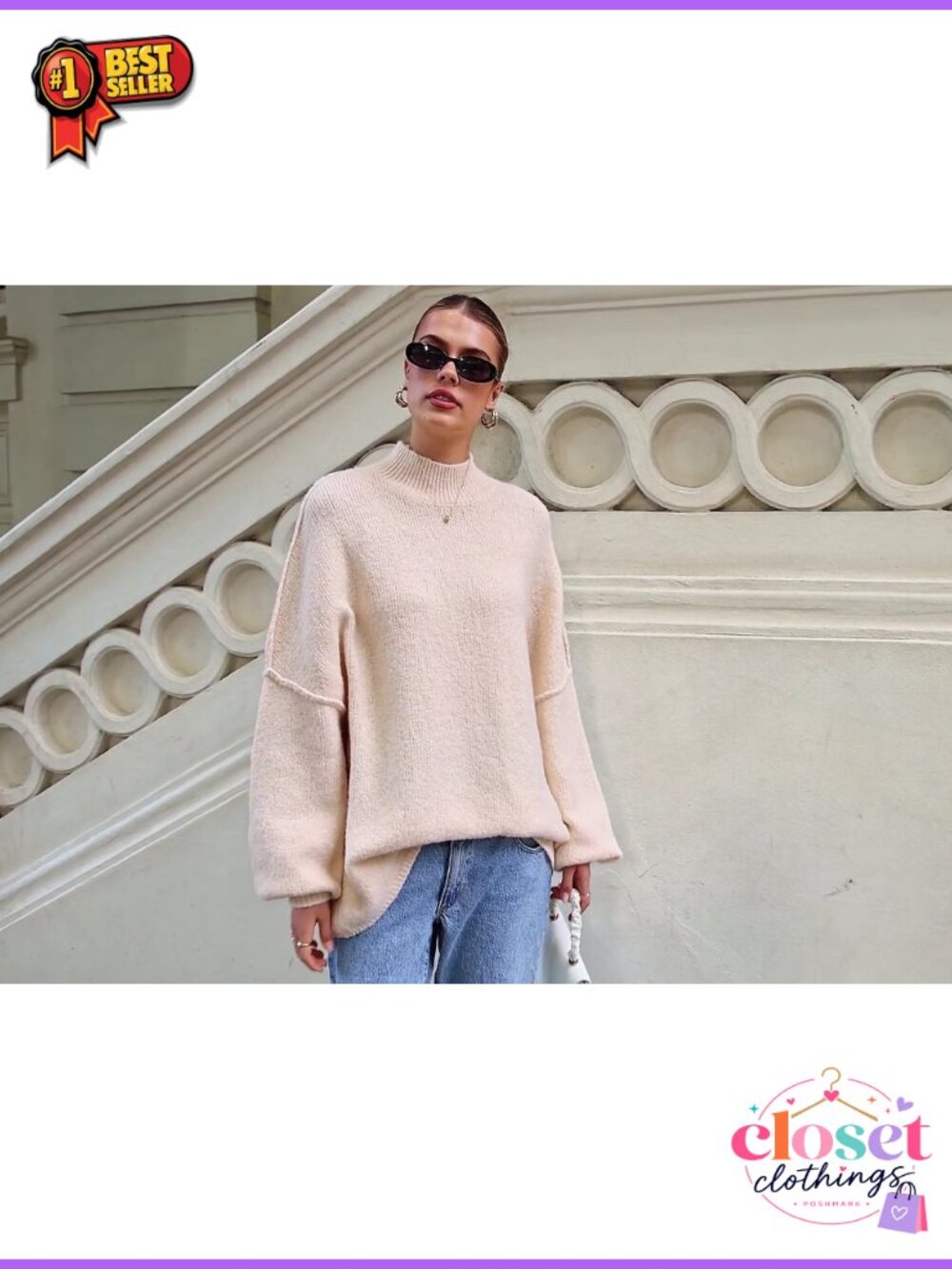 Oversized Chunky Knit Mock Neck Pullover Sweater Long Sleeve - Picture 6 of 6
